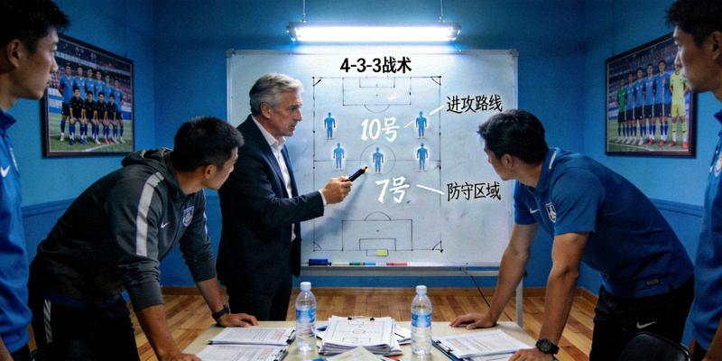 球队战术分析会议 - 教练与球员在战术板前讨论，画面充满策略感